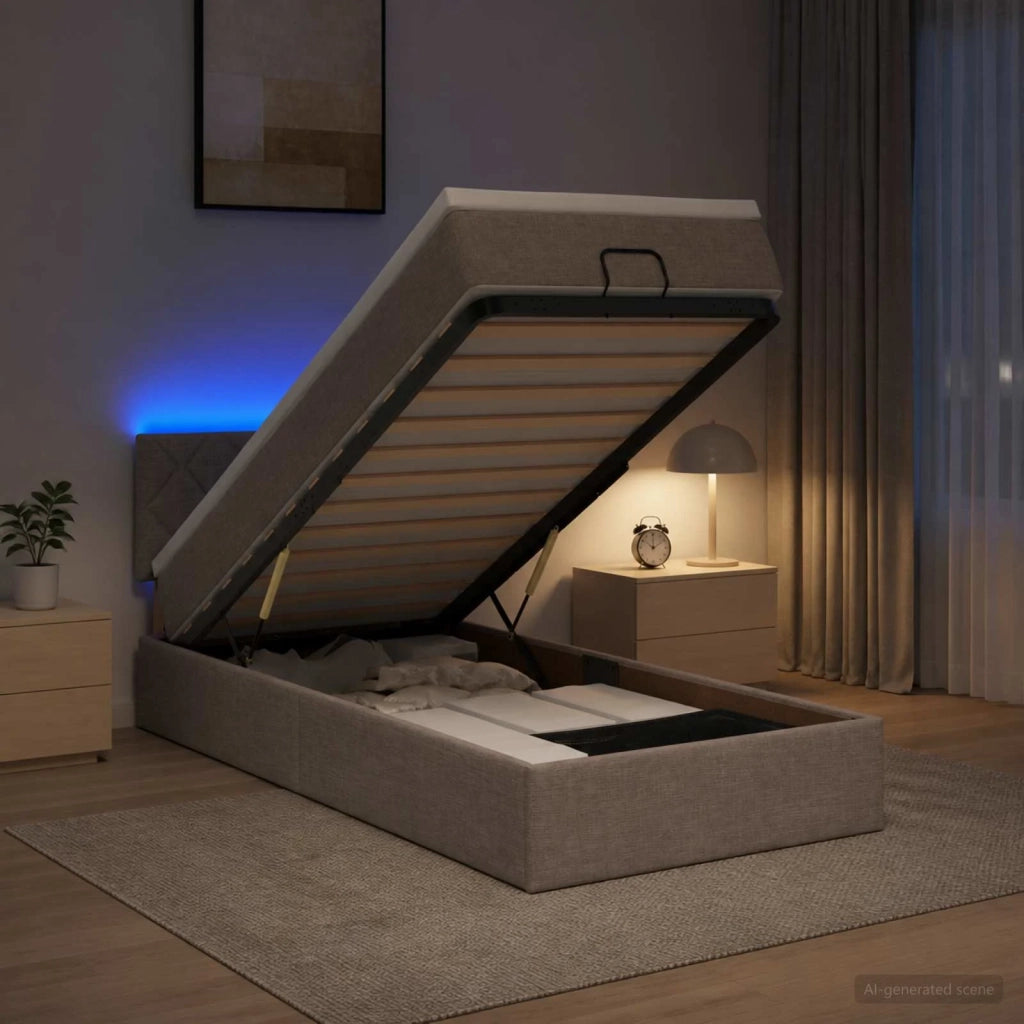 Letto Ottomano con Materasso e LED Tortora 100 x 200 cm Tessuto 3456971