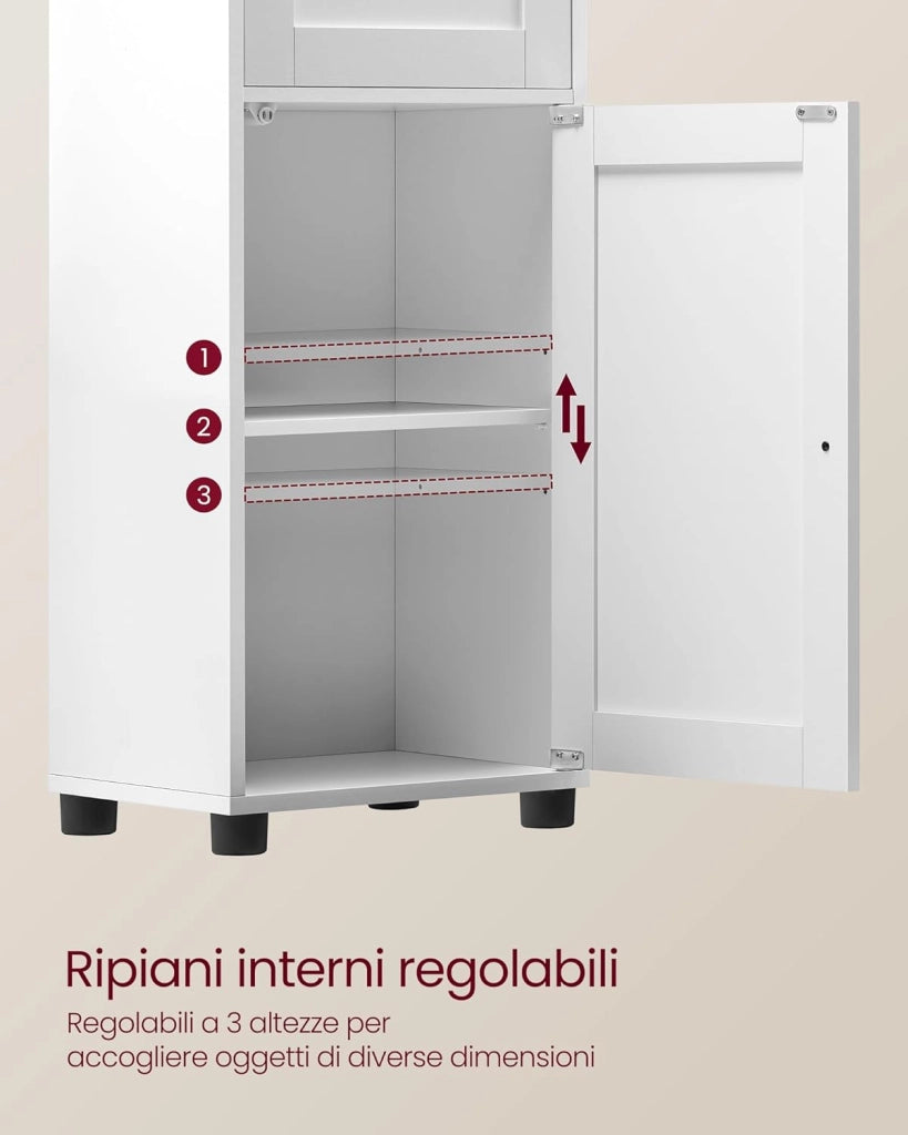 VASAGLE Mobile da Bagno Salvaspazio, Mobile a Colonna, Mobile Alto, Ripiano Aperto, Anta in Vetro, Mobiletto Bagno con Piedini, Ripiani Regolabili in Altezza, Bianco Nuvola BBK163W01