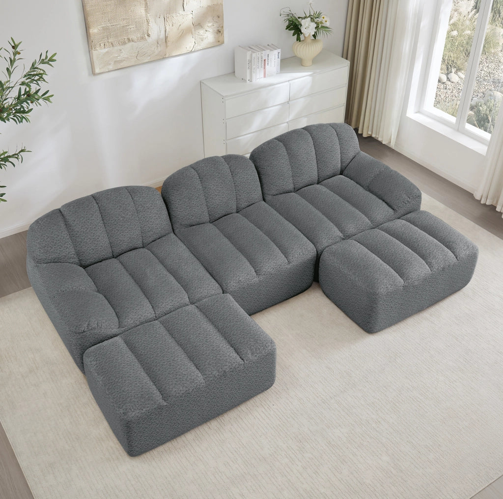 Divano modulare 3 posti con 2 pouf; configurazione a U o L; in tessuto fleece granulare grigio