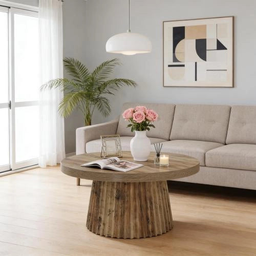 Tavolino basso rotondo con base a colonna scanalata in MDF marrone, piano da 80 cm, per soggiorno