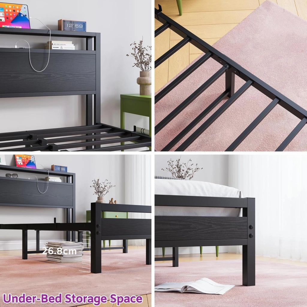 Letto 140x200 cm in metallo e MDF con testiera a 2 ripiani; USB e presa; nero