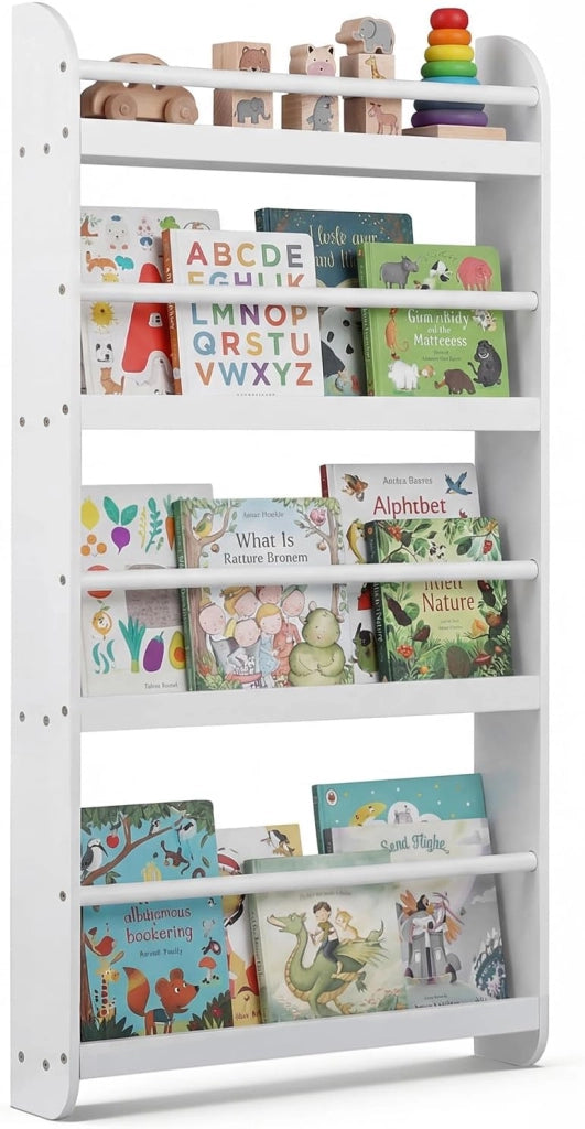 Libreria da Parete per Bambini, Scaffale Portaoggetti a 4 Livelli con Barre di Protezione e Bordi Rialzati, Libreria Salvaspazio per Cameretta per Bambini 3+ Anni, 56 x 12 x 107 cm (Rosa)