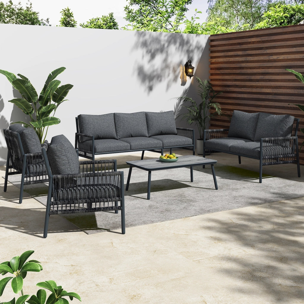 Set Divano da Giardino 7 Posti con Tavolino ¨C MINIMAL ¨C Polyrattan Grigio, Vetro, Cuscini Rimovibili