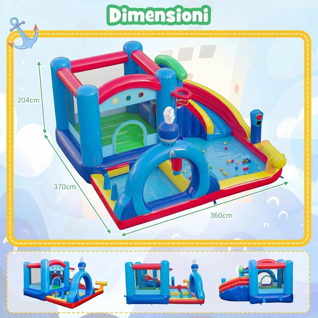Castello Gonfiabile per Bambini, Casa Gonfiabile con Piscina, Cannone d'Acqua, Gioco con Anelli, Gioco a Bersaglio e Parete d'Arrampicata, Parco Acquatico da 3-12 Anni per Esterno