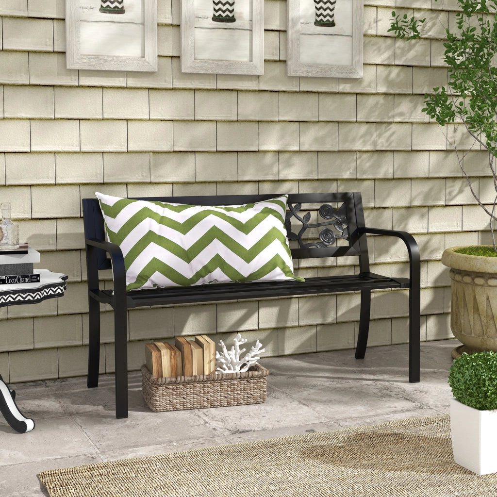Panchina da giardino 2 posti in acciaio resistente per esterno e terrazzo, schienale decorato e braccioli, 127x50x75cm, nero