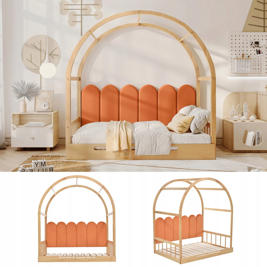 Letto con struttura estraibile - Xylo - 140x100cm&140x200cm - Naturale e arancione