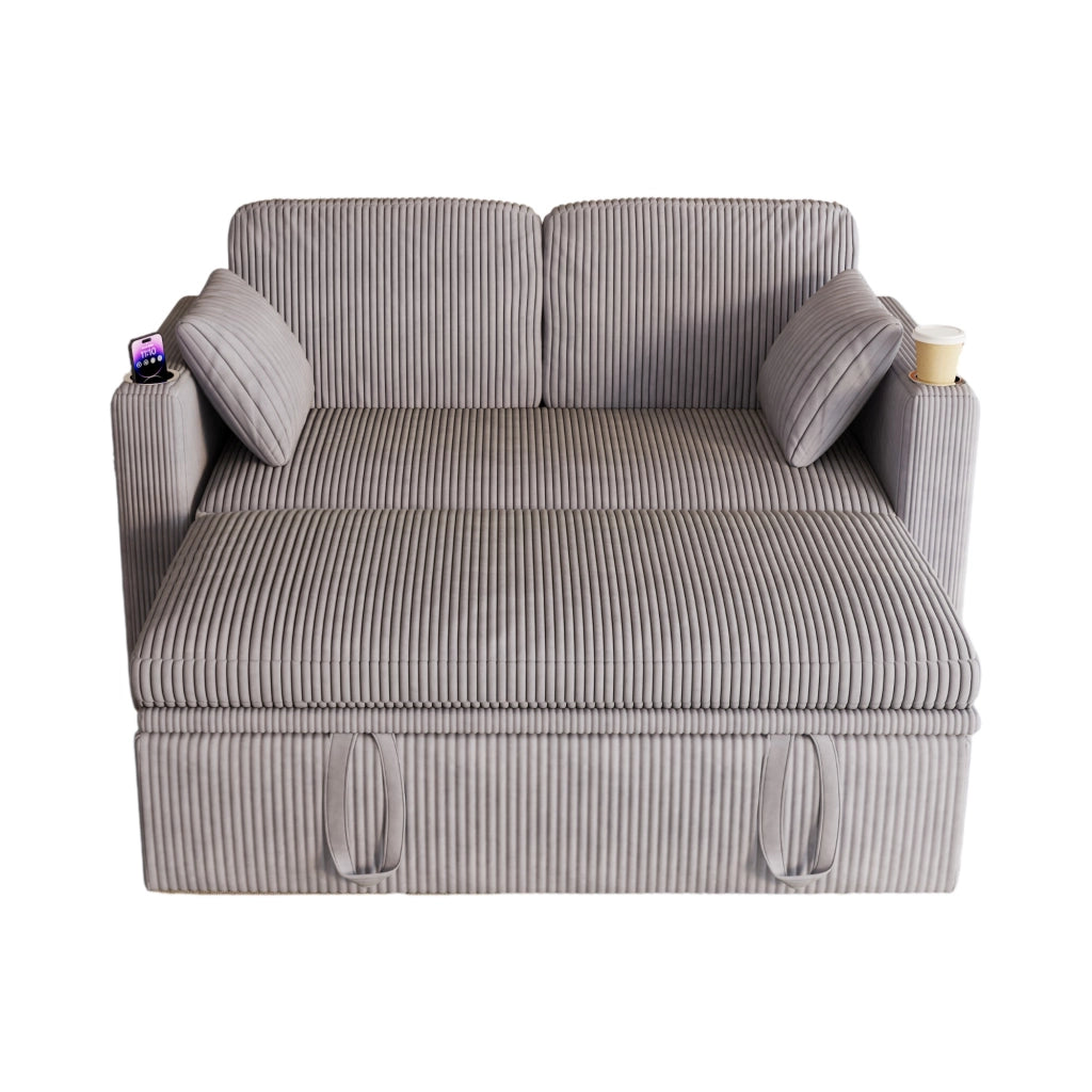 Poltrona letto 3 in 1 - con schienale regolabile; USB e portabicchieri - in corduroy grigio