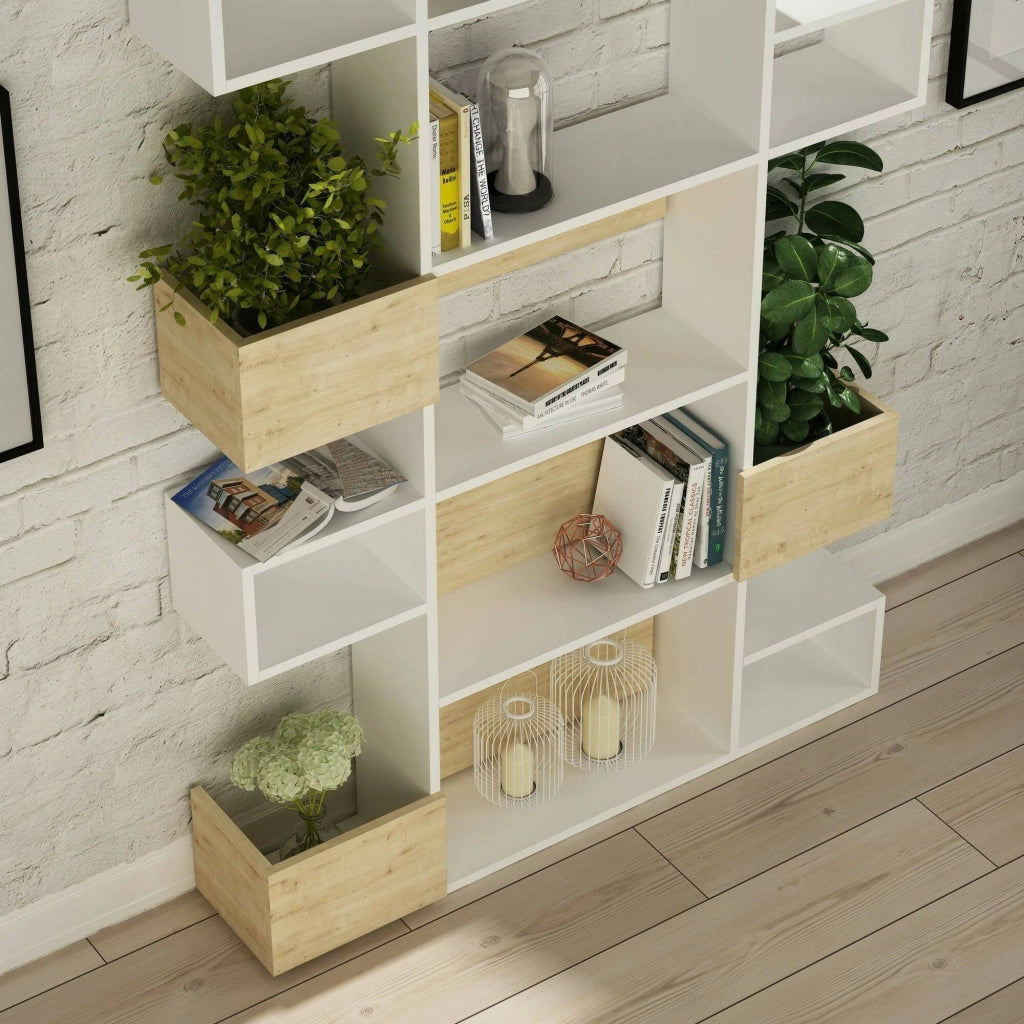 Libreria Artich, Scaffale da ufficio, Mobile portalibri, Biblioteca, 120x25h171 cm, Bianco e Rovere