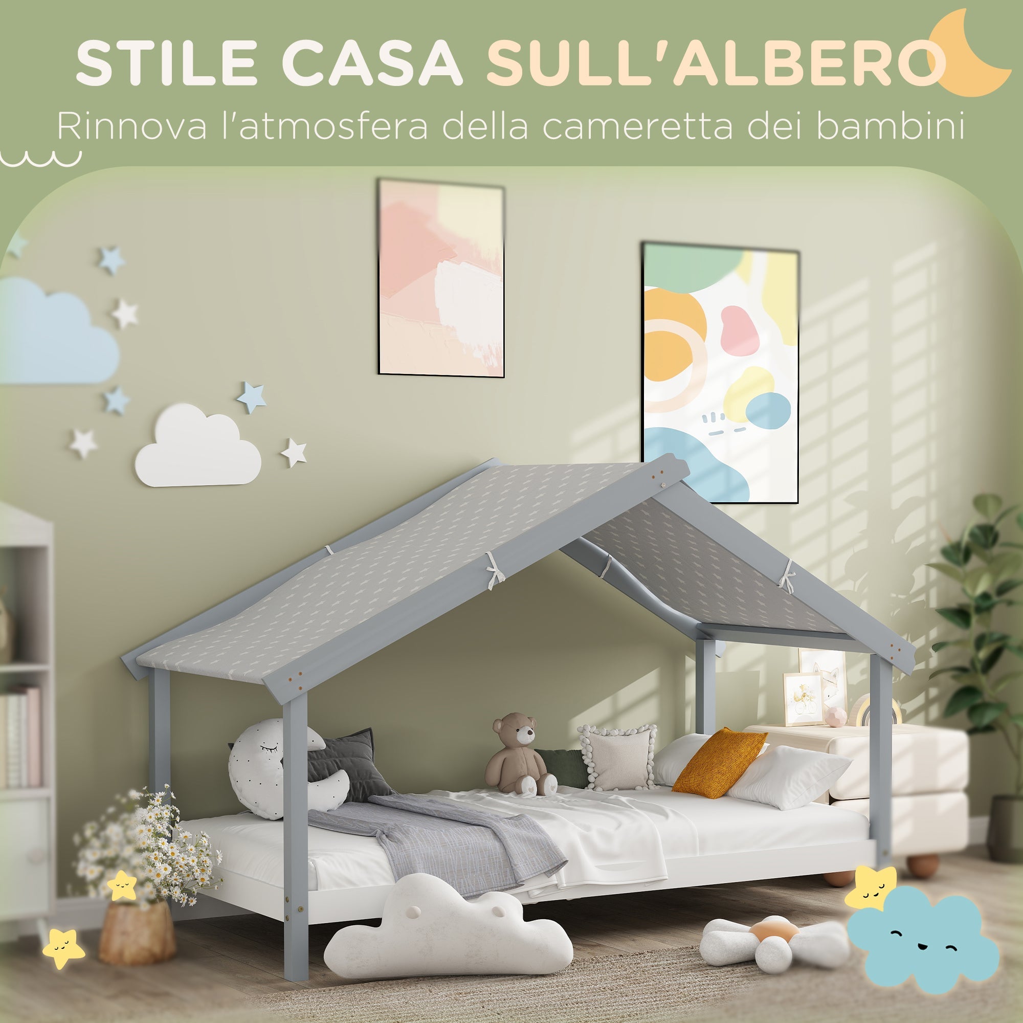 Letto Singolo per Bambini Casetta Tetto Stellato in Tessuto 213x100x140 cm Grigio