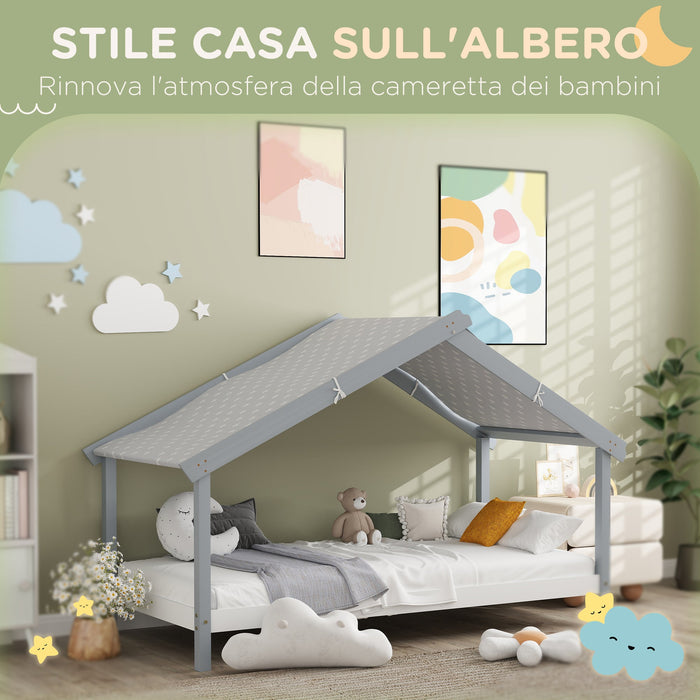 Letto Singolo per Bambini Casetta Tetto Stellato in Tessuto 213x100x140 cm Grigio
