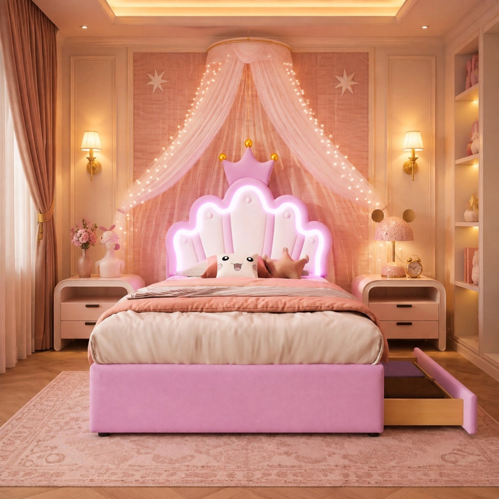 Letto per bambini 90x200 cm rosa con LED e 2 cassetti