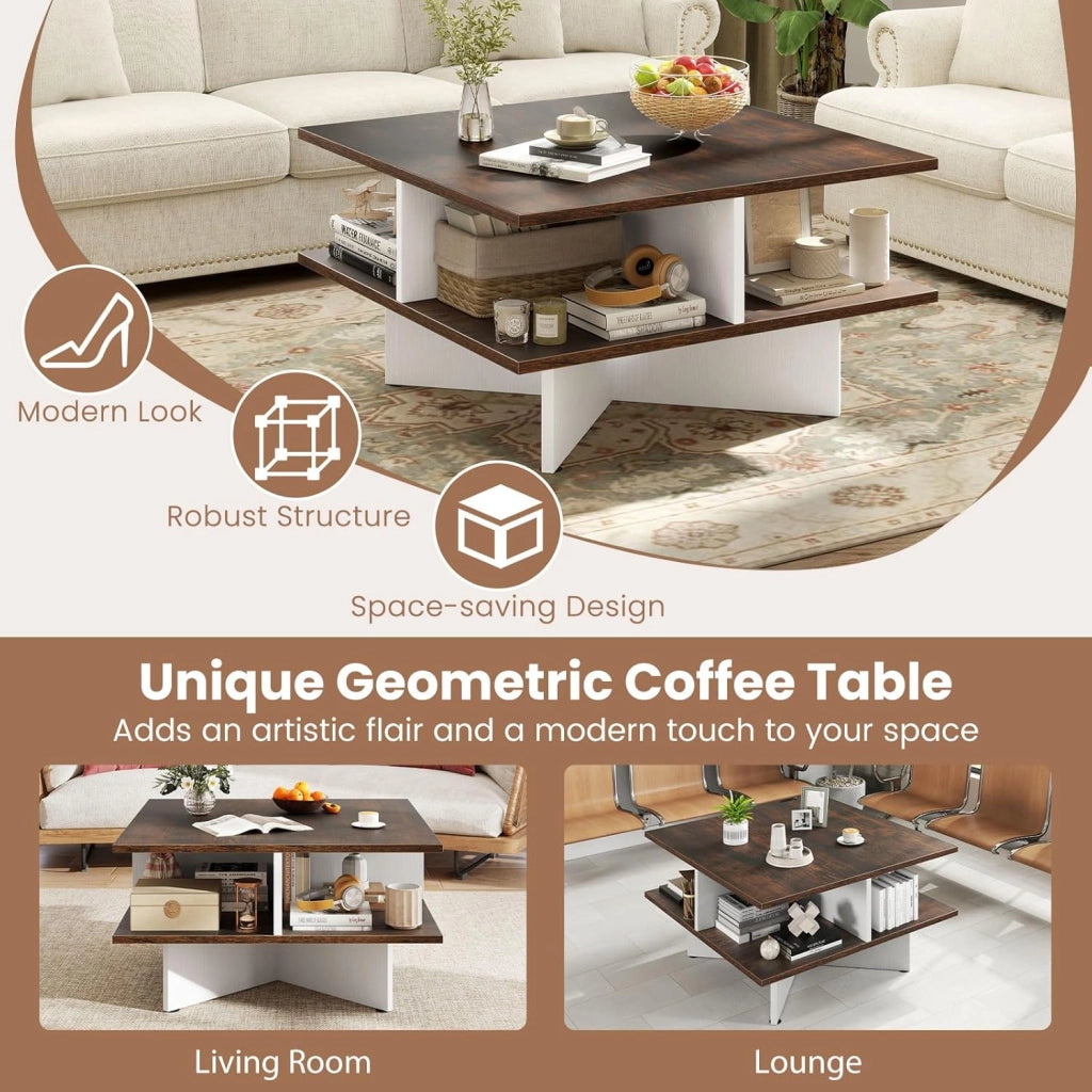 Tavolino quadrato a 2 livelli, tavolino da caffè in legno con 4 scomparti aperti e base a forma di X, 60 x 60 x 33 cm, tavolino per soggiorno, ufficio (marrone+bianco)