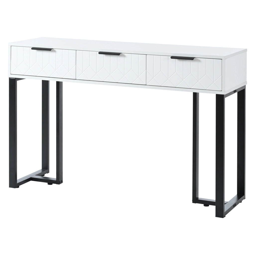 Consolle con cassetti, struttura in MDF, finitura bianca con motivi geometrici e telaio dorato per ingresso