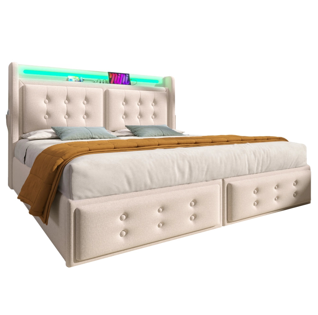 Letto matrimoniale 160x200 cm con LED; USB e USB-C; 4 cassetti; tessuto cotone-lino beige
