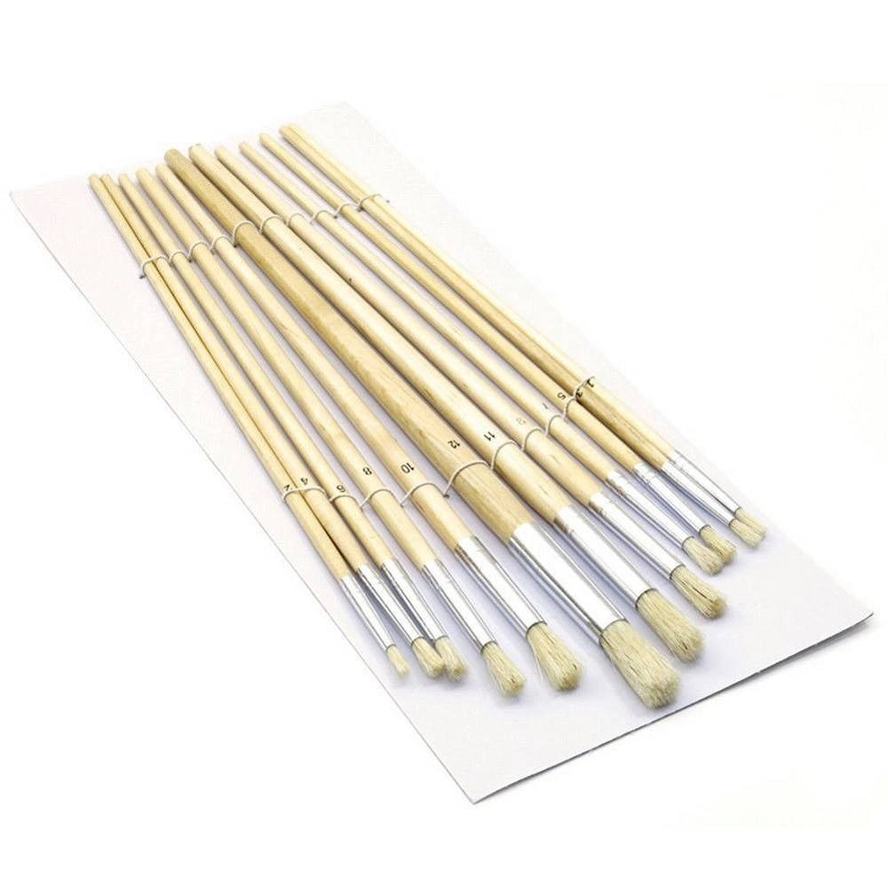 Trade Shop - Set 12 Pennelli Pennello Punta Tonda Manico Legno Lungo Pittura Arte Decoupage -