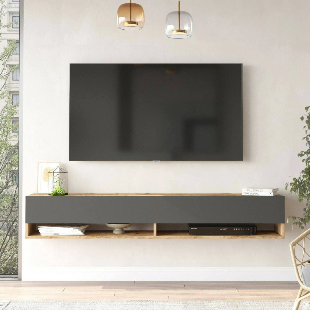 Mobile porta TV Compasso, Credenza da soggiorno, Armadio basso per TV, Base parete attrezzata, 180x32h29 cm, Quercia e Antracite