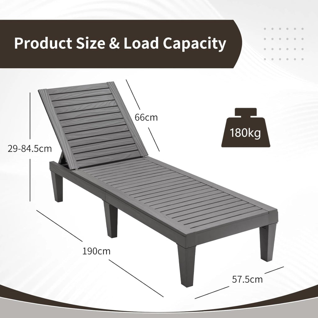 Sedia a sdraio con schienale regolabile su 5 livelli, sedia in PP con braccioli, supporto fino a 180 kg, seduta reclinabile con 6 gambe per giardino, patio, spiaggia, 190 x 57,5 x 29 cm