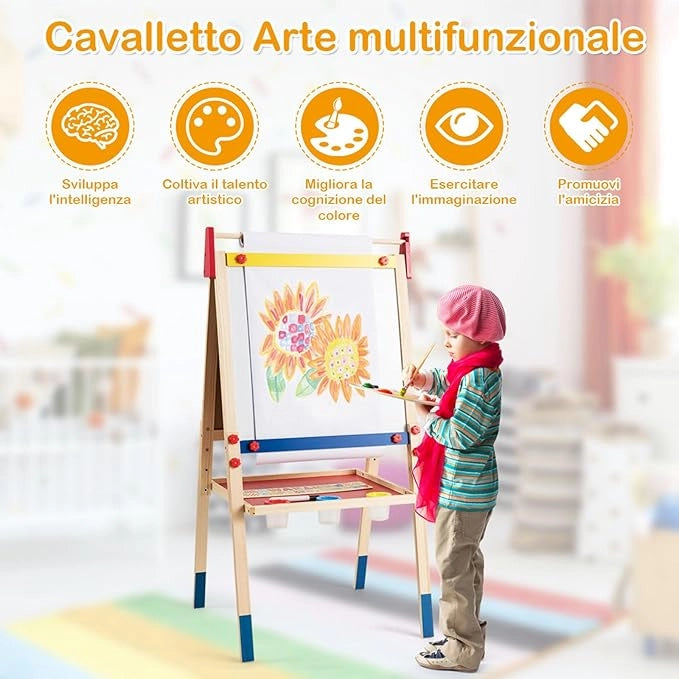 Cavalletto per Bambini 3 in 1, Lavagna Bifacciale, Cavalletto per Disegnare, con Rotolo di Carta, Lavagna Bianca Magnetica, Accessori Completi, in Legno (60x55x(112,5-124,5) cm)
