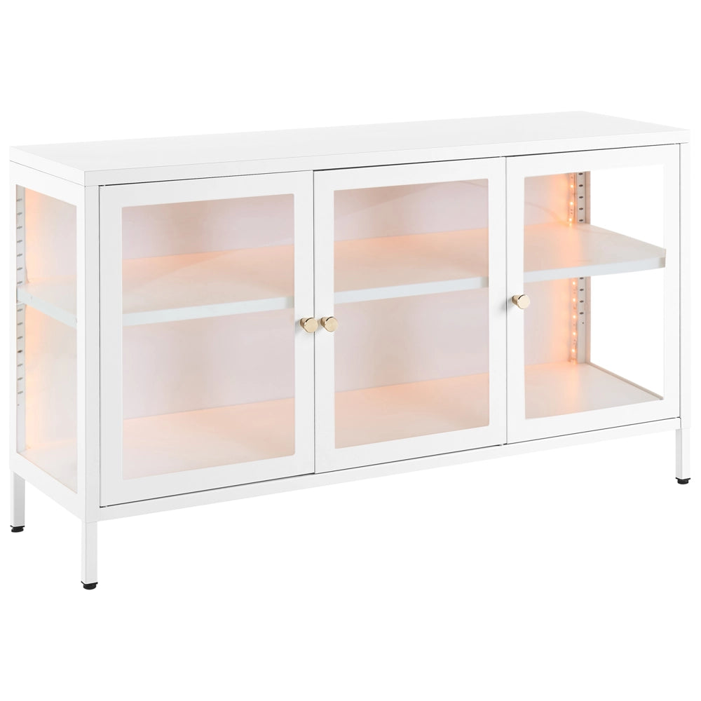 Credenza in metallo bianco 3 ante ripiani in vetro temperato gambe soggiorno moderno