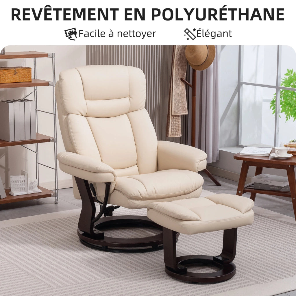 Poltrona relax girevole con poggiapiedi ¨C Xylo ¨C similpelle crema reclinabile imbottita 86x83x107cm