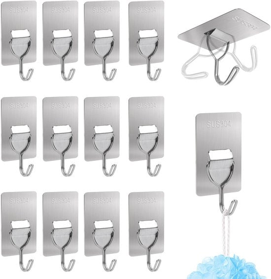 Set di 12 Haak Extra Resistento - Haak per Parete - Autoadesivo - Acciaio Inossidabile - Set da 12 - Per Cucina/Bagno/Ufficio