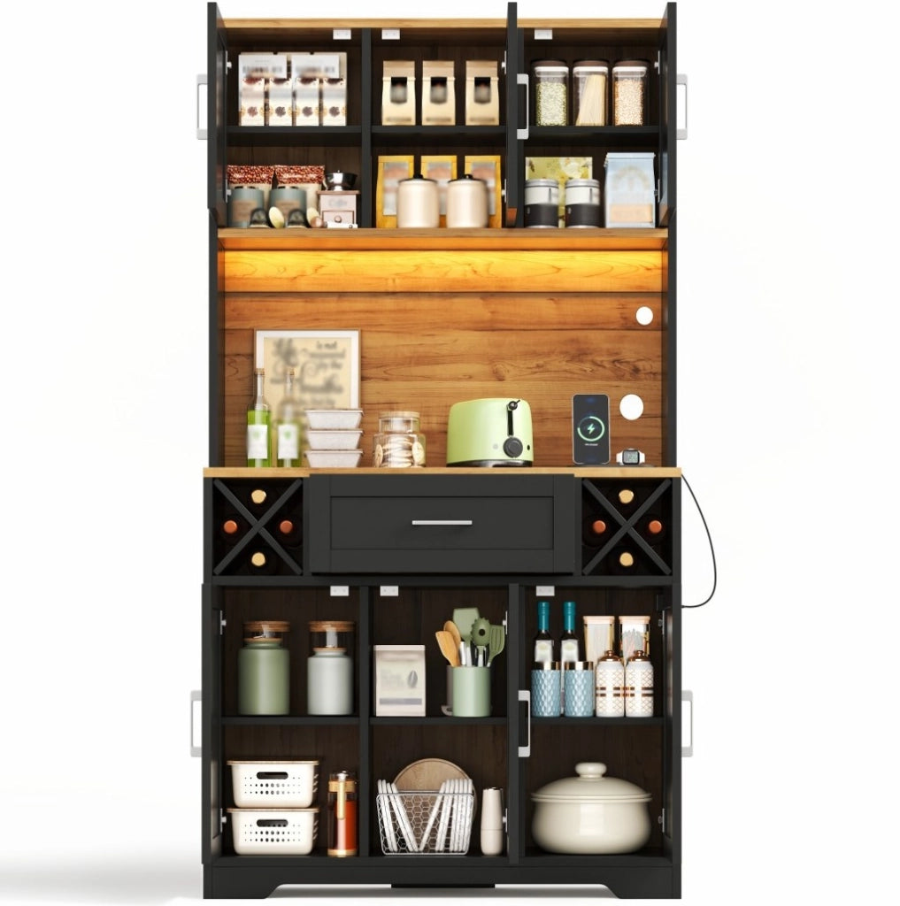 Credenza da cucina 105x40x180 cm in MDF naturale e nero con LED -
