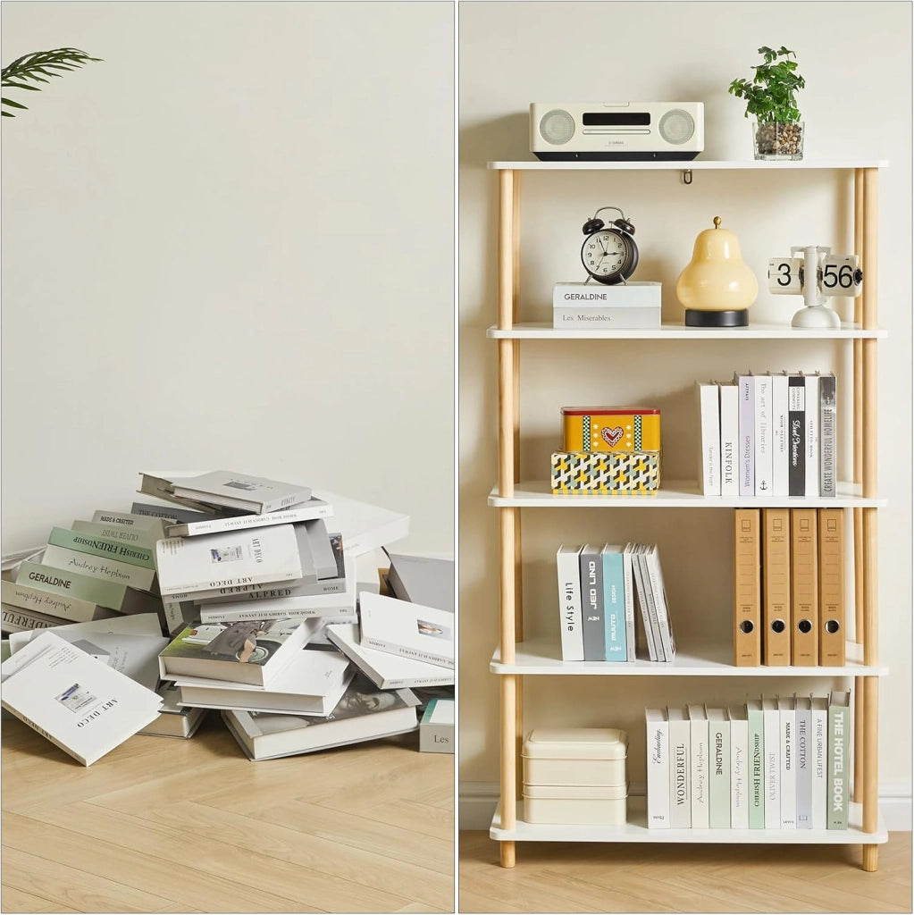 5-Tier libreria aperta in legno - moderno freestanding libreria organizzatore di stoccaggio, scaffali in piedi, espositore multifunzionale per camera da letto, soggiorno, bianco WBC005W