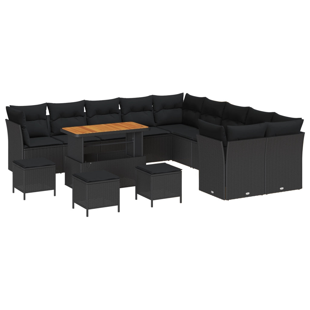 Set di Divani da Giardino  da 14 Pezzi con Cuscini Nero Polyrattan Acacia