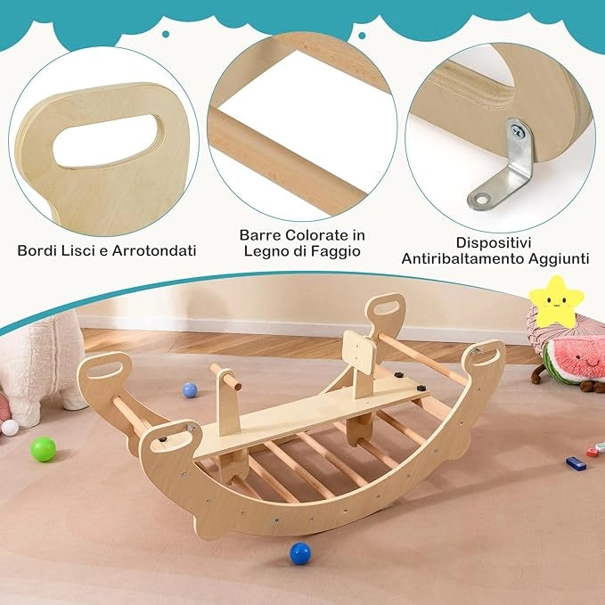 4 in 1 Arrampicata per Bambini, Arco Cavallo a Dondolo Multifunzionale in Legno, Dondolo a 35°, Ideale per Bambini 1-5 Anni, 112 x 52 x 44 cm (Naturale)