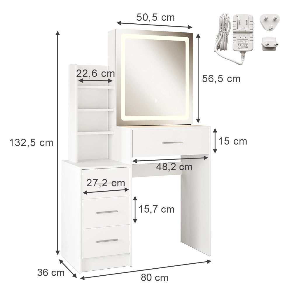 Vicco Tavolo da toilette Bianco 80 cm con specchio a LED