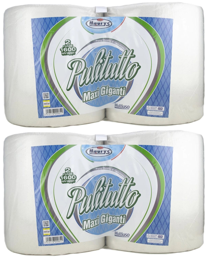 2 MAURY'S CARTA ASCIUGATUTTO INDUSTRIALE 2 ROTOLI PULITUTTO MAXI GIGANTI 1600 STRAPPI 3600GR HACCP