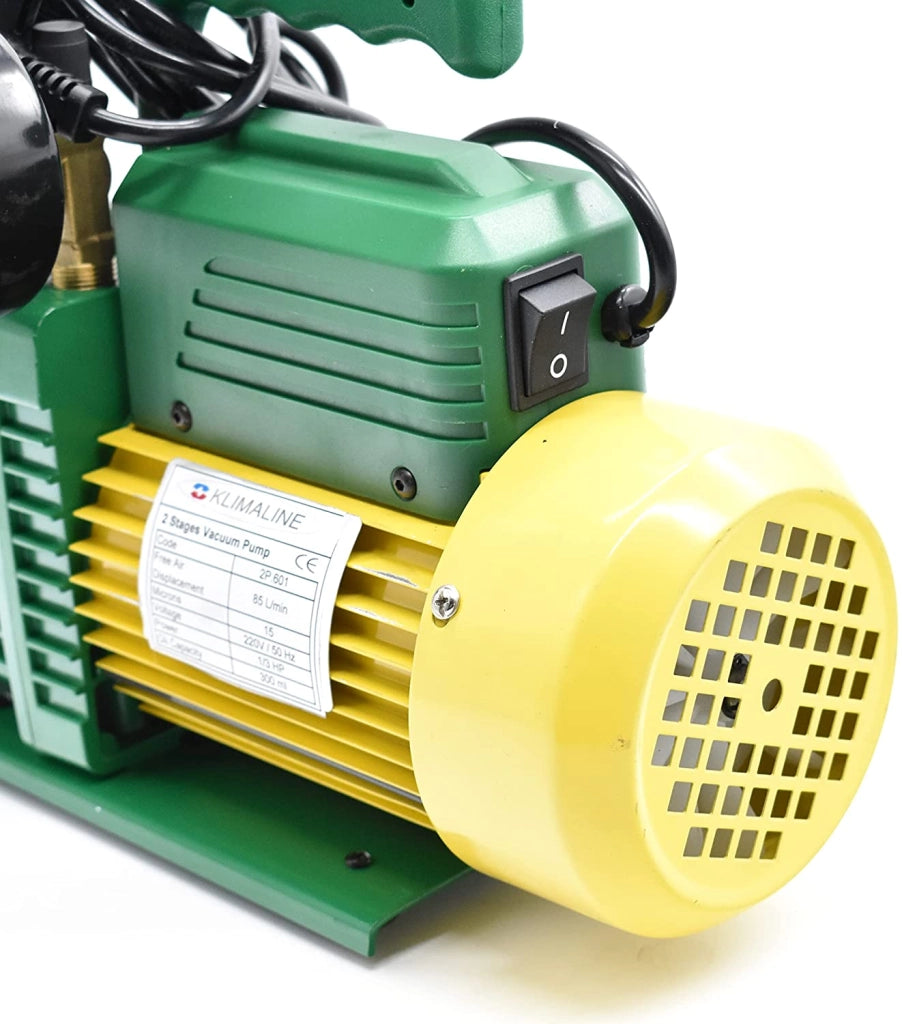 Pompa vuoto bistadio Klimaline con vacuometro e valvola solenoide per impianti gas HFO - R32 - R410 - R1234YF 50 L/min motore antideflagrante per condizionamento climatizzatore