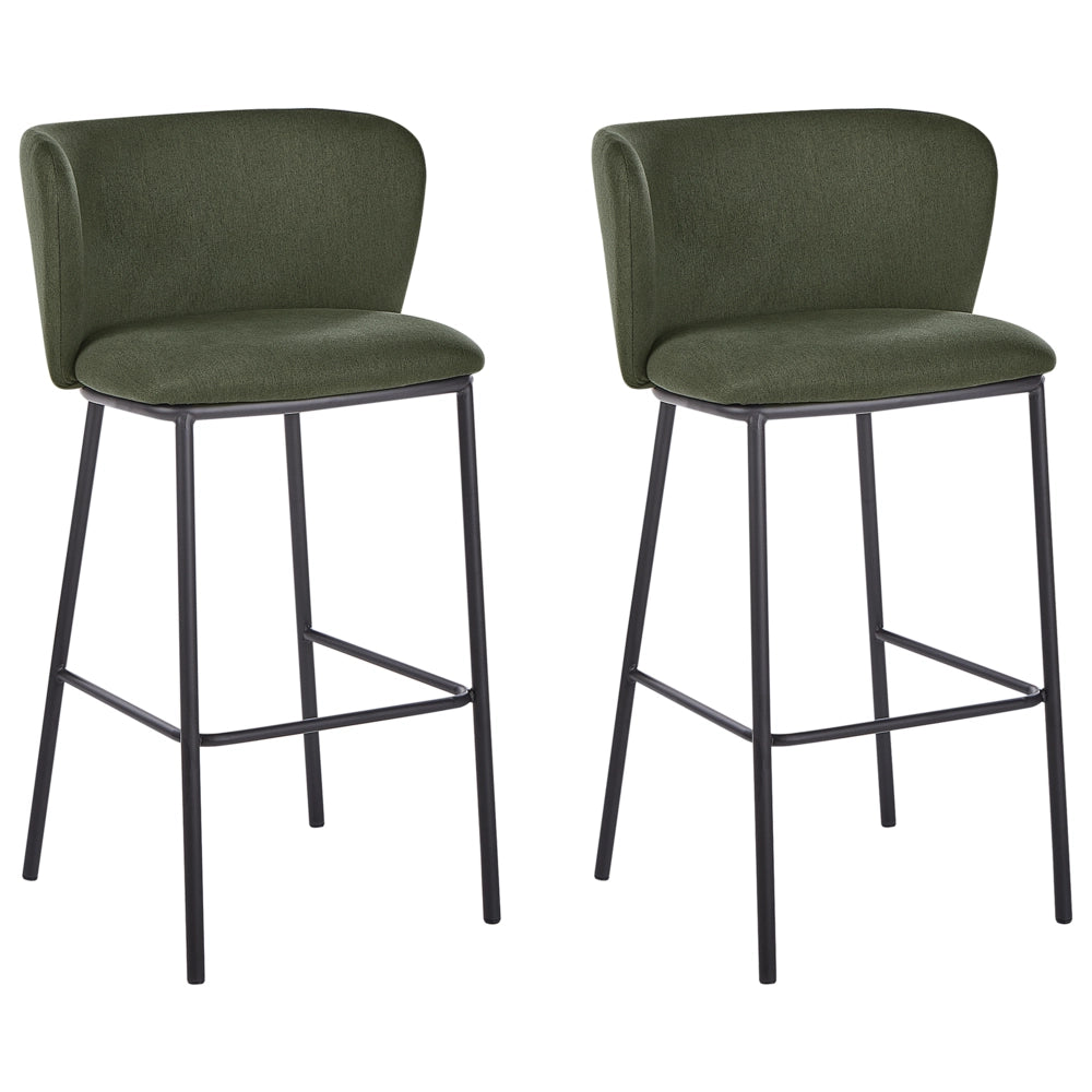 Set di 2 sedie da bar Rivestimento in poliestere verde scuro Gambe in metallo nero Sgabelli senza braccio Schienale curvo Sala da pranzo moderna Cucina