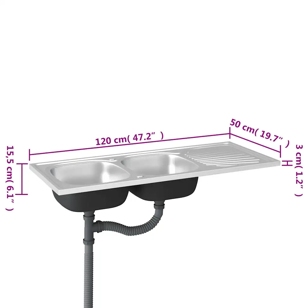 Lavello Cucina Doppia Vasca 1200x500x155mm Argento Acciaio Inox 147238