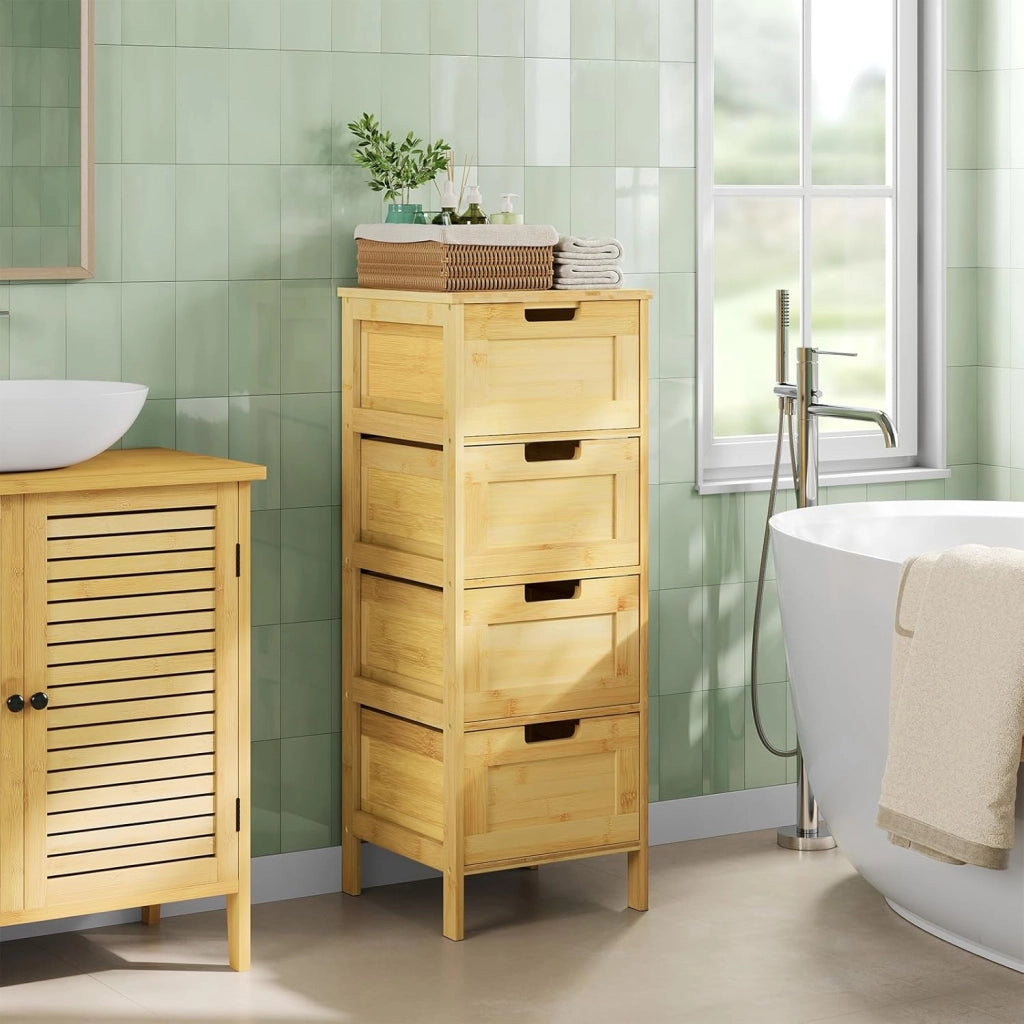 Mobile da Bagno Freestanding in Bambù con 4 Cassetti, Mobiletto per Soggiorno, Studio, Camera da Letto, 30x30x80cm, Colore Naturale del Bambù