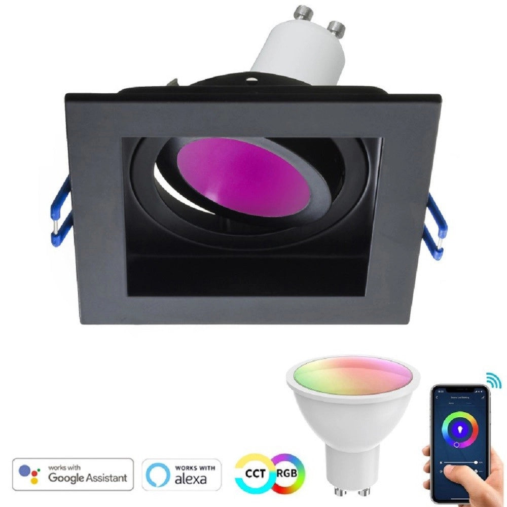 Trade Shop - Faretto Led Incasso Quadrato Smart Alexa Google Lampada Gu10 5w Wifi Rgb Cct 9cm - Nero