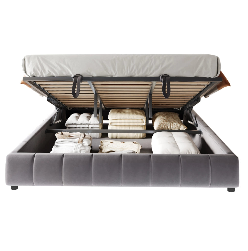 Letto imbottito 180x200 cm con contenitore idraulico e barra LED bianca; senza testiera; grigio