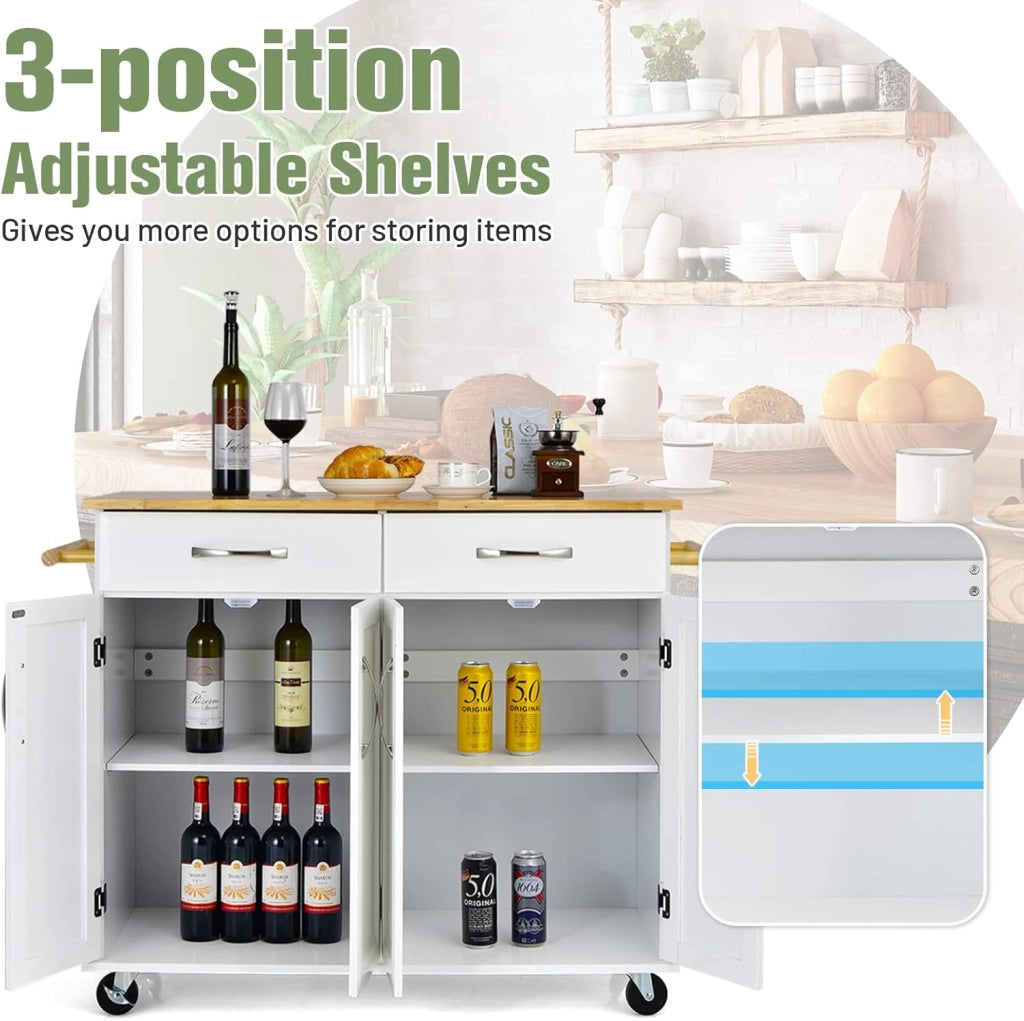 Carrello da cucina con piano di lavoro in legno di gomma con 2 armadi e ripiani regolabili, 2 cassetti grandi, portasciugamani laterali, armadio con ruote, 122 x 48 x 92,5 cm (bianco)