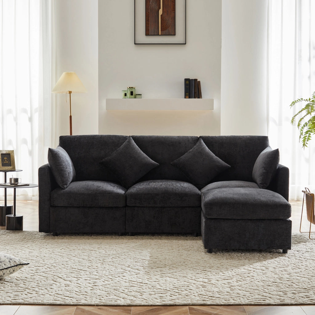 Divano Angolare Reversibile 4 Posti con Pouf Mobile; Cuscini; Seduta Ergonomica; Struttura in Legno; in Ciniglia Grigio