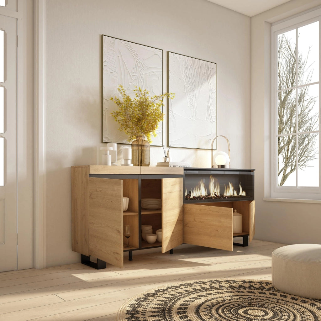 Credenza, Mobile, 208x35x87cm, 4 Porte, Camino elettrico XXL, Design industriale, colore Rovere RF3230