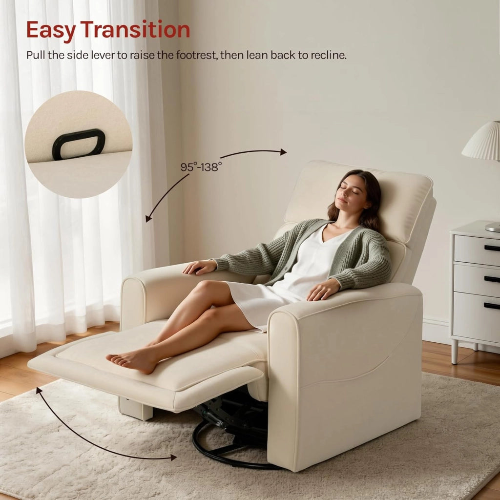 Poltrona Reclinabile Massaggiante con Funzione Riscaldamento, Sedia Ergonomica, Girevole e Oscillante, con Poggiatesta, Tasche Laterali e Porta USB, per Soggiorno, Camera da Letto, Beige