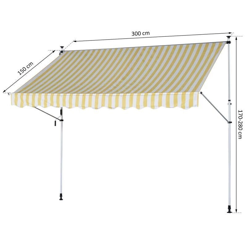 TENDA DA SOLE A MURO CON PALI DI SUPPORTO 300 X 150 CM  COLORE BIANCO E GIALLO