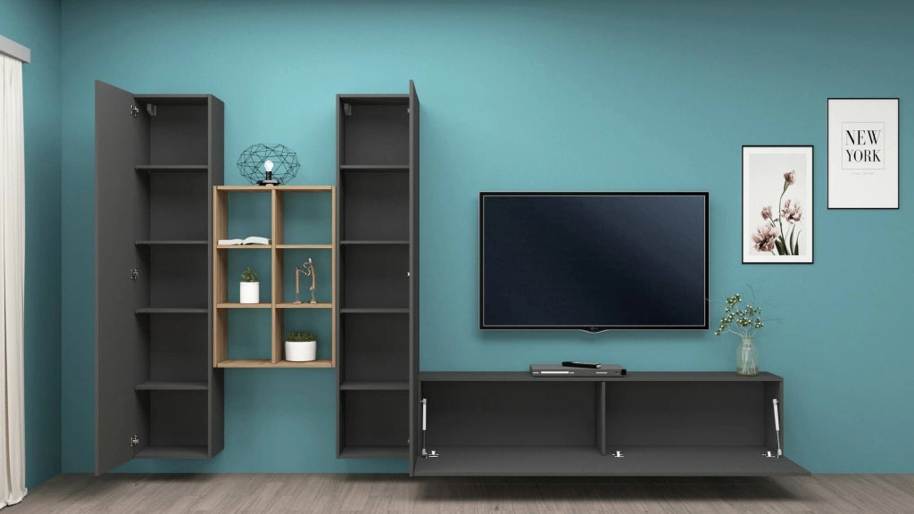 Parete attrezzata Acuto, Set salotto porta TV a 3 ante, Mobile soggiorno multiuso, 100% Made in Italy, cm 320x30h180, Antracite e Acero