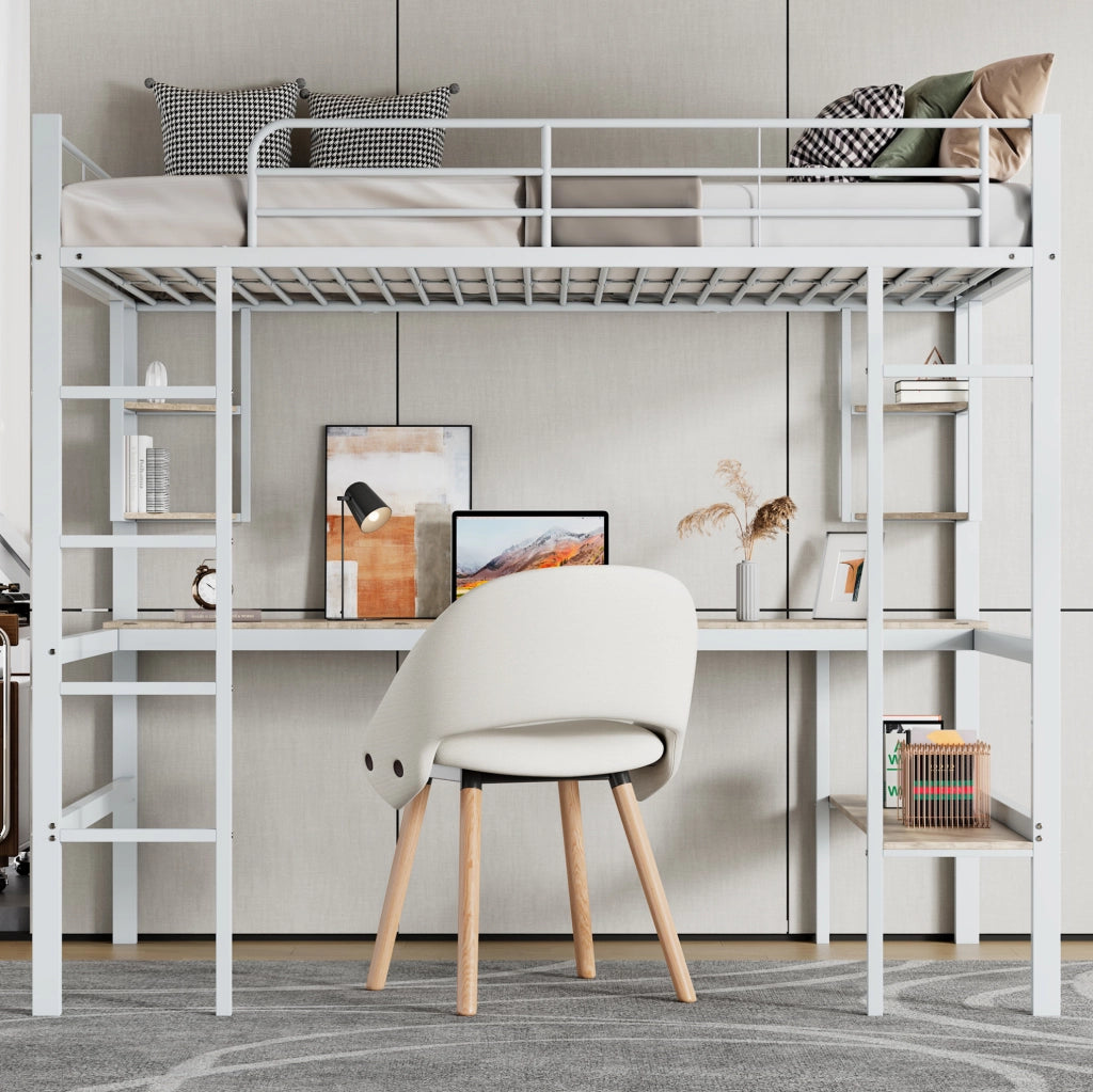 Letto a soppalco 90x200 cm con scrivania e libreria; metallo; bianco