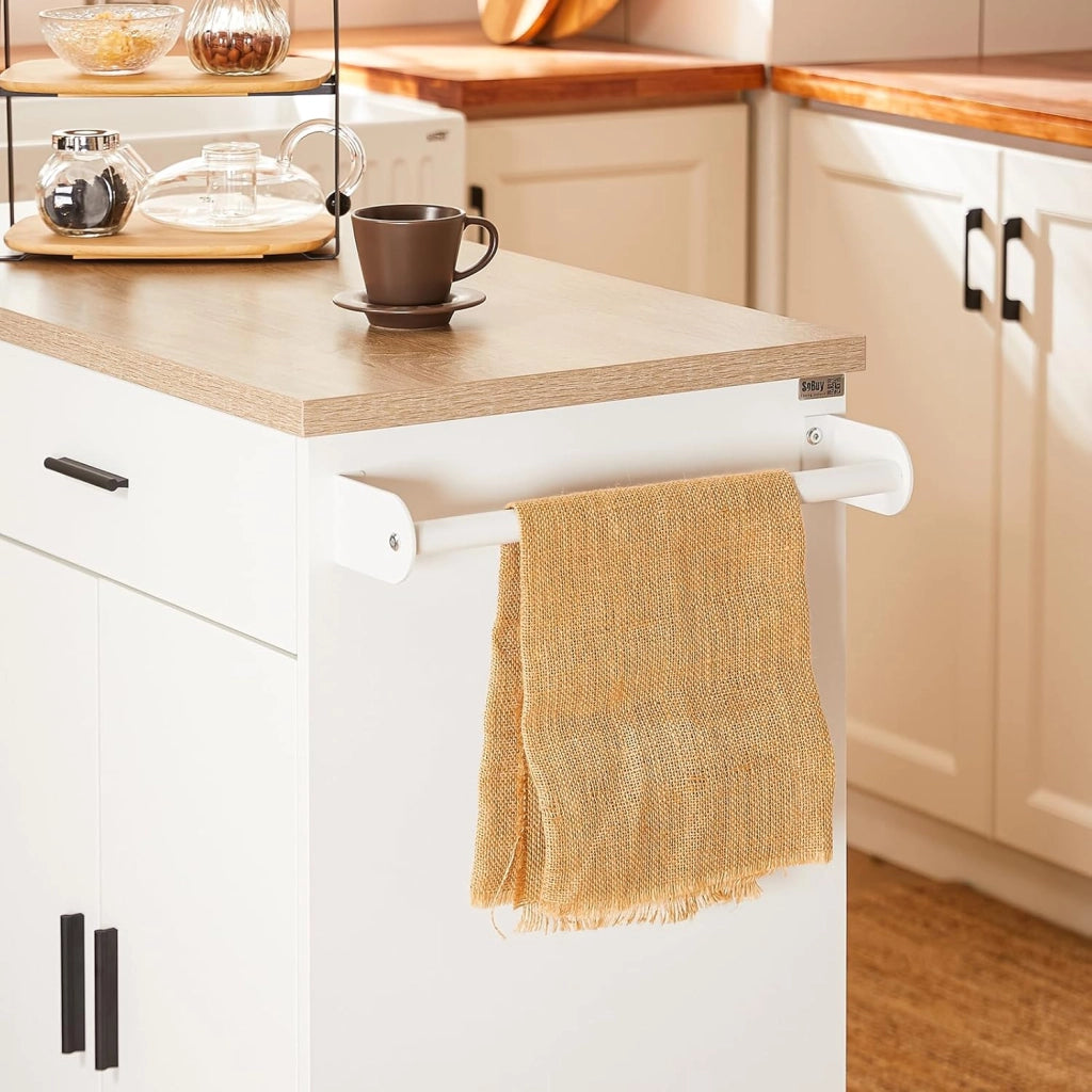 Carrello Cucina Isola Cucina con Ruote Mobile da Cucina Salvaspazio con Cassetti, Penisola Cucina con Piano Lavoro - Mobile Cucina con Ruote Portatutto Bianco 105x46x92 cm FKW126-WN