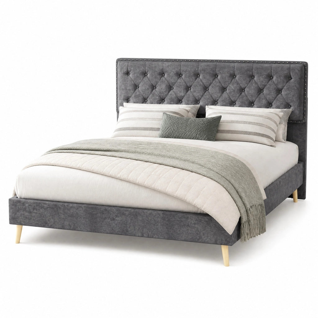 Letto matrimoniale 140x200 cm con testiera alta in velluto grigio e rete a doghe