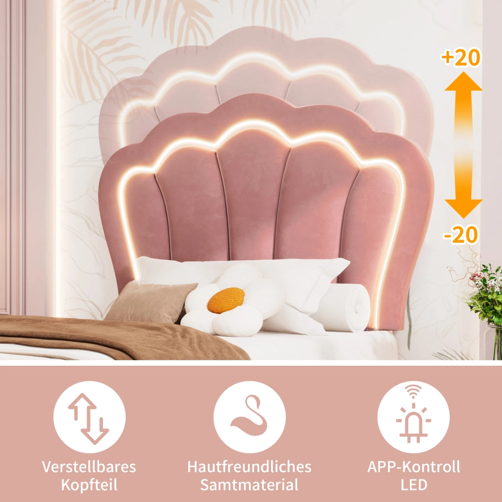 LETTO Singolo 90x200 cm in Velluto Rosa con LED, testiera regolabile e cassetto