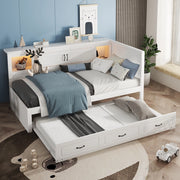OKWISH Letto Divano 90×200 cm, Letto Singolo con LED, Letto Estraibile 90×190 cm, Vano Contenitore, Prese e USB, senza Materasso, Bianco