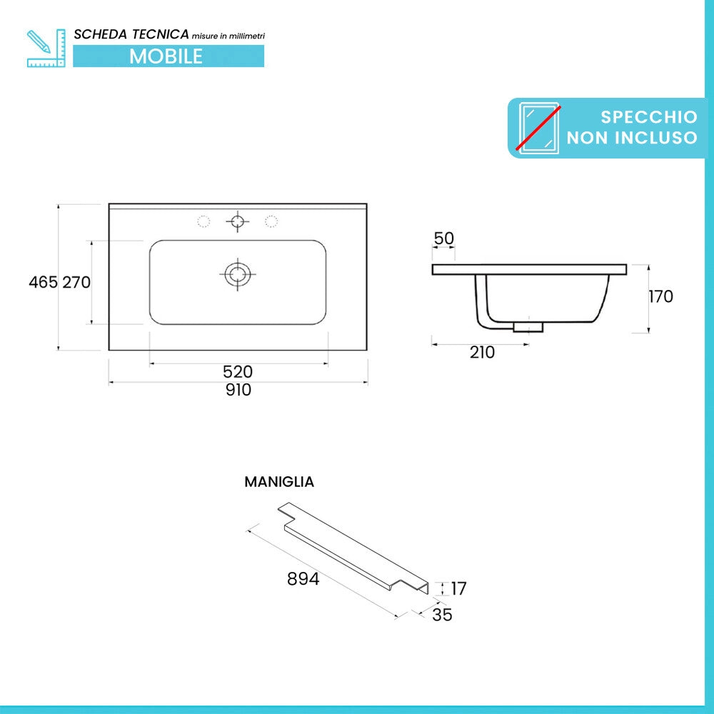 Mobile bagno sospeso 90 cm noce maya cannettato con cassetto e lavabo Nara