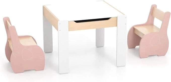 3 in 1 Set Tavolo e Sedie per Bambini, Tavolo da Attività per Bambini con 2 Sedie, Lavagna Rimovibile e Deposito, per Giocare, Disegnare e Leggere, in Legno (Rosa)